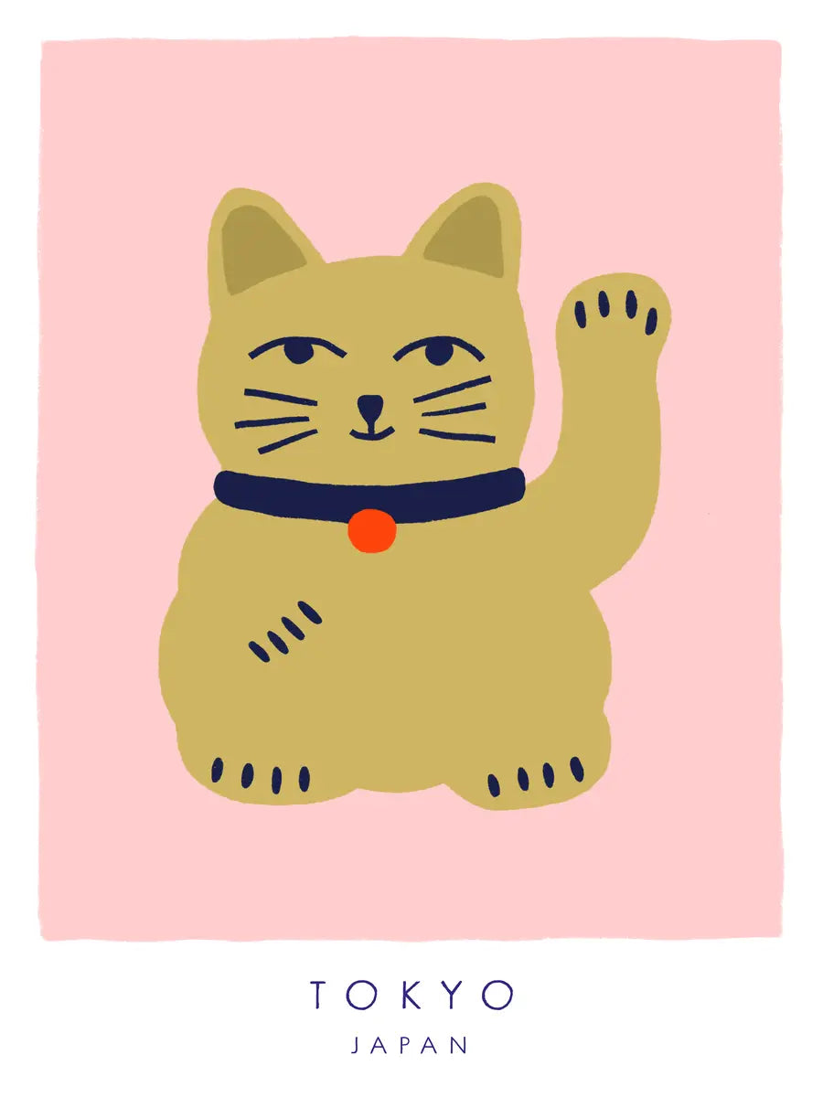 Poster mit einer beigen Maneki-Neko-Katze auf rosa Hintergrund und dem Text "Tokyo Japan".
