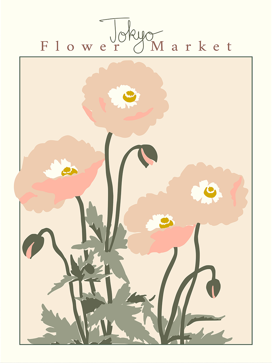 Grafische Illustration mit rosa Blumen auf hellrosa Hintergrund und dem Text "Tokyo Flower Market".