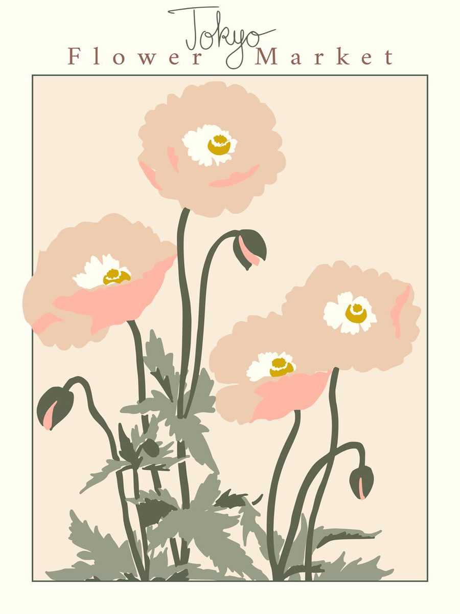 Grafische Illustration mit rosa Blumen auf hellrosa Hintergrund und dem Text "Tokyo Flower Market".
