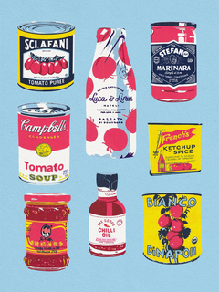 Poster mit verschiedenen Tomatenprodukten vor einem hellblauen Hintergrund.