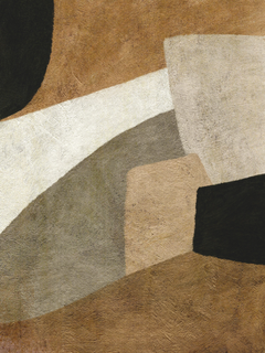 Abstraktes Poster mit Formen in Schwarz, Weiß und Beige auf braunem Hintergrund.