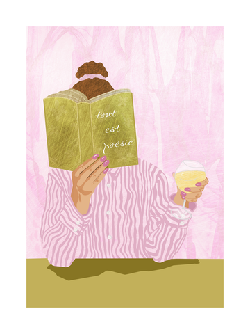 Illustration einer Frau mit einem grünen Buch und einem Weinglas vor einem rosa Hintergrund.