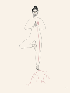 Illustration einer Frau in der Baum-Yoga-Pose mit geschlossenen Augen und einer Linie von ihrem Herzen zu den Wurzeln auf beigem Hintergrund.