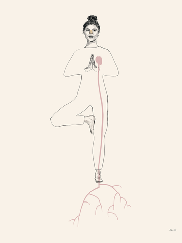 Illustration einer Frau in der Baum-Yoga-Pose mit geschlossenen Augen und einer Linie von ihrem Herzen zu den Wurzeln auf beigem Hintergrund.