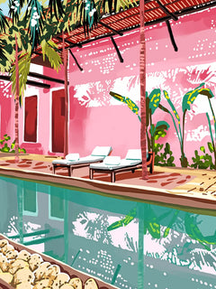 Grafisches Poster einer tropischen Oase mit Palmen und einem Pool.