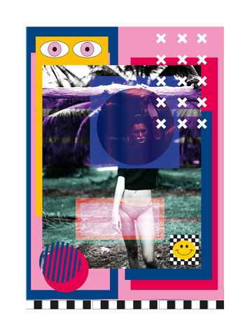 Pop-Art-Collage mit einer Frau in Schwarzweiß in tropischer Umgebung und bunten geometrischen Elementen.