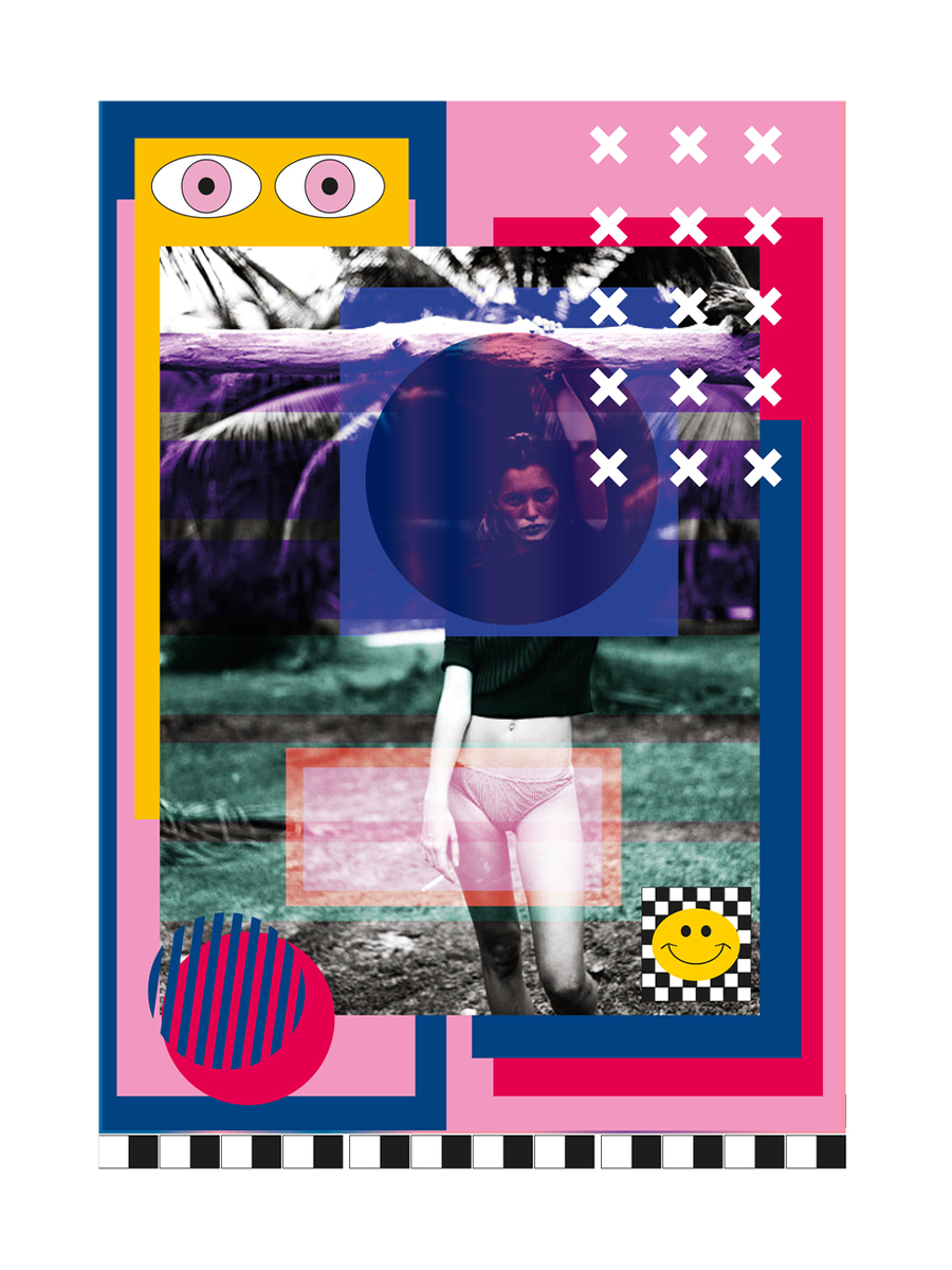 Pop-Art-Collage mit einer Frau in Schwarzweiß in tropischer Umgebung und bunten geometrischen Elementen.