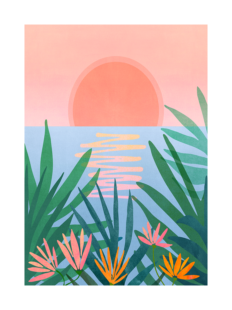 Grafische Illustration eines Sonnenuntergangs über dem Meer mit grünen Blättern und rosa und orangefarbenen Blumen im Vordergrund.