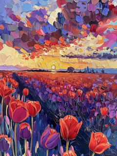 Ein Feld voller Tulpen bei Sonnenuntergang mit einem farbenfrohen Himmel.