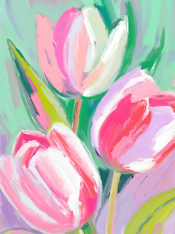 Illustration von rosa Tulpen vor einem mintgrünen Hintergrund.