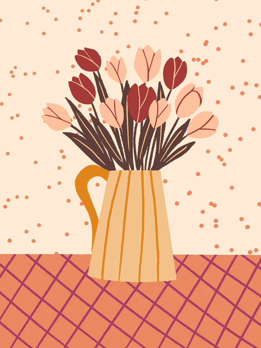 Illustration einer Vase mit roten und rosa Tulpen auf einem karierten Tisch und gepunktetem Hintergrund.
