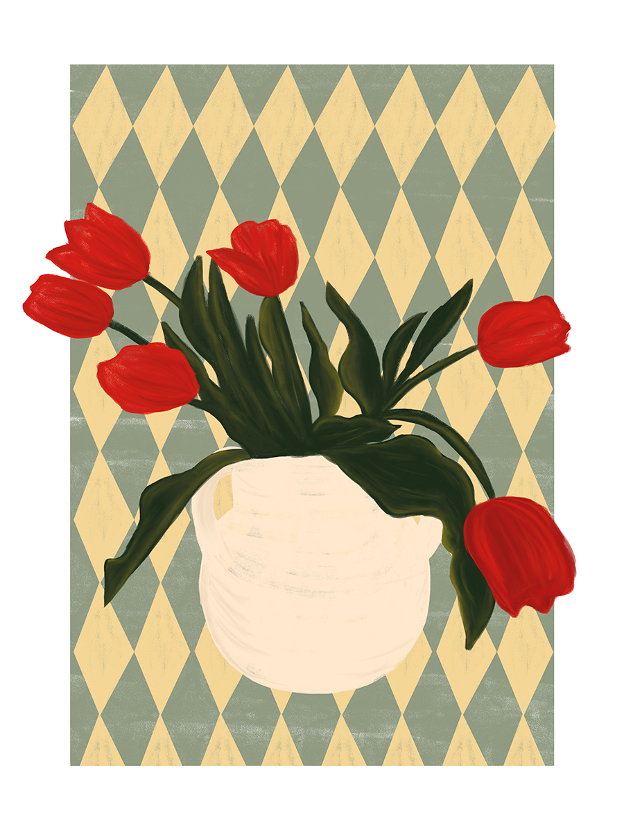 Poster mit roten Tulpen in einer weißen Vase vor einem geometrischen Hintergrund.