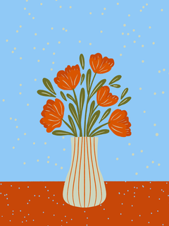 Poster mit einem Blumenstrauß in einer gestreiften Vase vor einem blauen Hintergrund mit gelben Punkten.