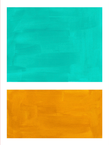 Ein Kunstposter mit zwei rechteckigen Formen in Türkis und Orange vor einem weißen Hintergrund.
