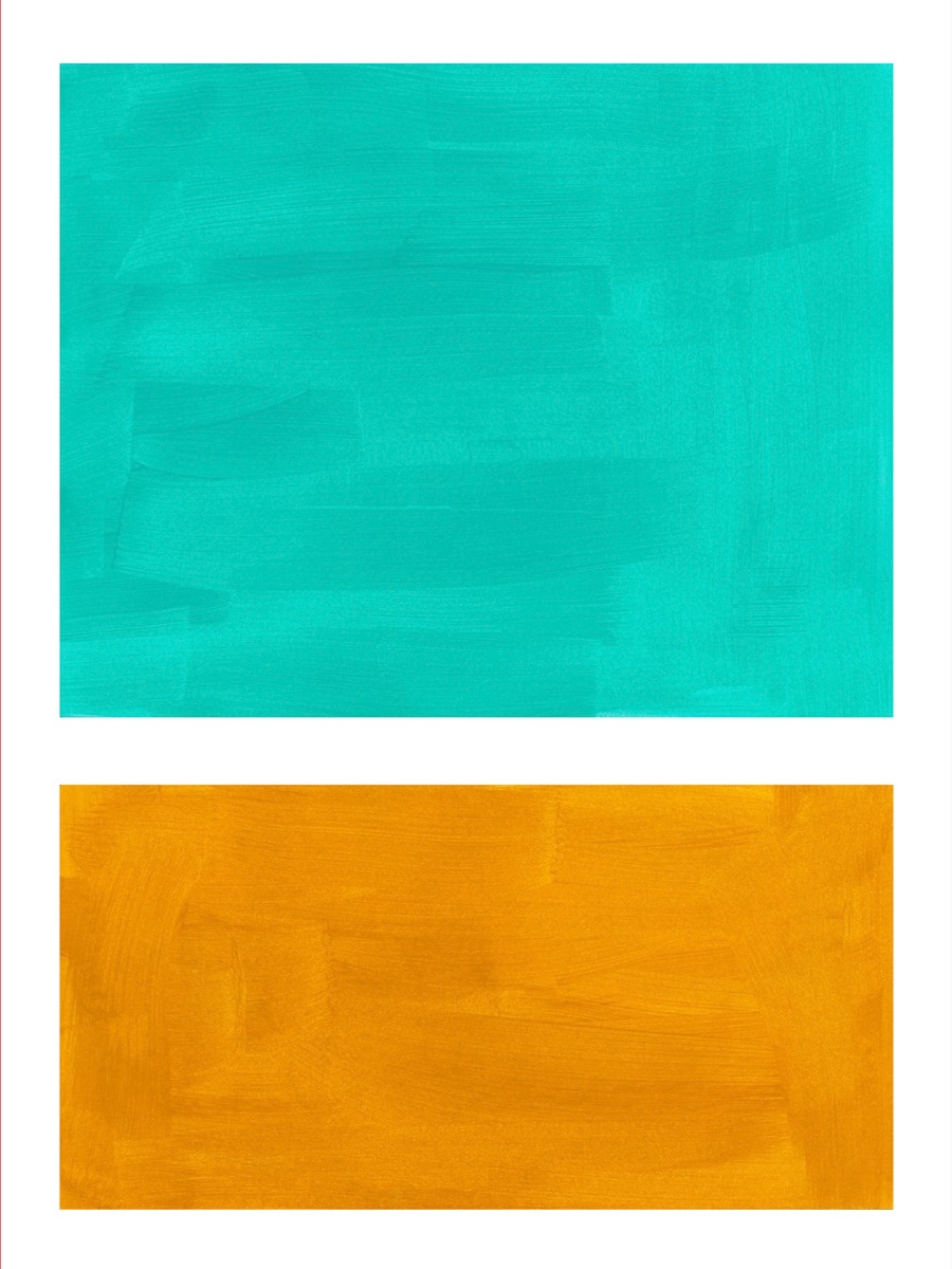 Ein Kunstposter mit zwei rechteckigen Formen in Türkis und Orange vor einem weißen Hintergrund.