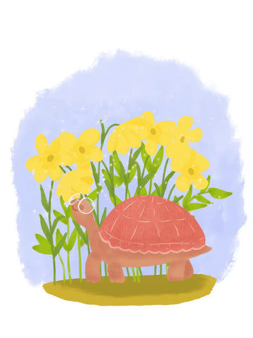 Eine süße Illustration einer Schildkröte mit Brille die an großen gelben Blumen riecht.