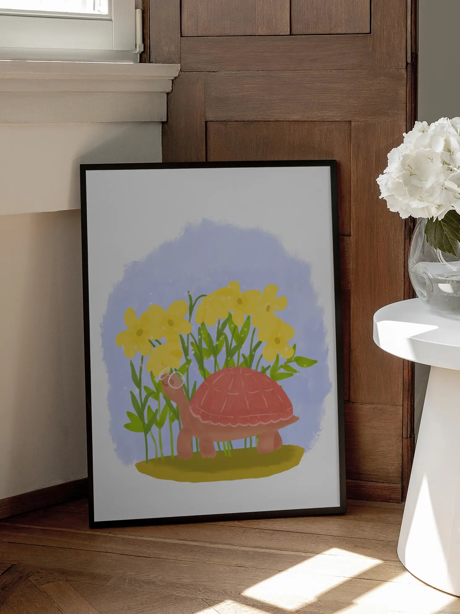 Turtle Wearing Glasses Near Flowers Poster