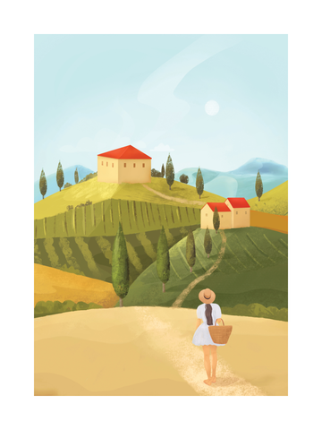 Illustration einer Frau in einem weißen Kleid mit Strohhut in einer toskanischen Landschaft mit Häusern und Hügeln.
