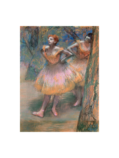 Zwei Ballerinas in orangefarbenen Kleidern auf der Bühne vor einem grünen und blauen Hintergrund.