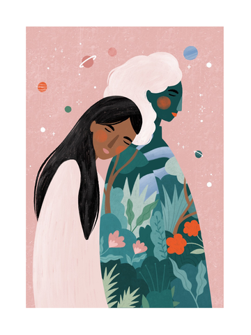 Illustration von zwei Frauen vor einem rosa Hintergrund mit Planeten und Sternen.