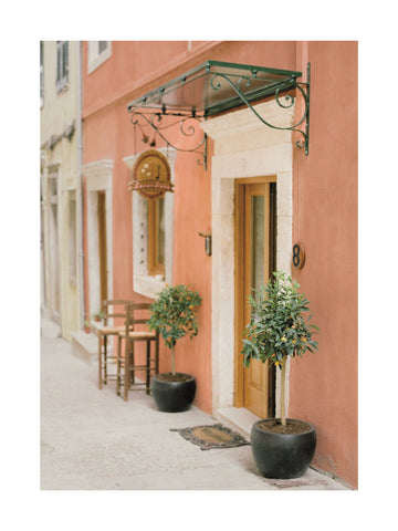 Fotografie eines kleinen Cafés mit Terrakottafarbenen Wänden und Pflanzen.