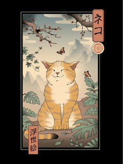 Poster einer Katze im Ukiyo-e-Stil in einem Garten mit Pflanzen und Schmetterlingen.