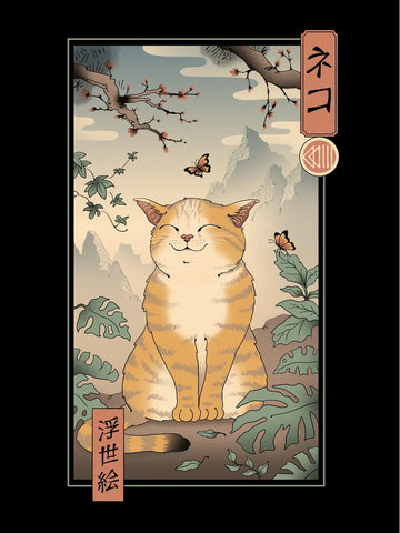 Poster einer Katze im Ukiyo-e-Stil in einem Garten mit Pflanzen und Schmetterlingen.