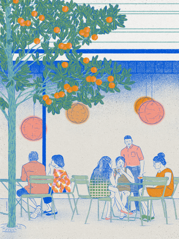 Illustration von Menschen, die unter einem Orangenbaum sitzen, in Blau und Orange gekleidet.