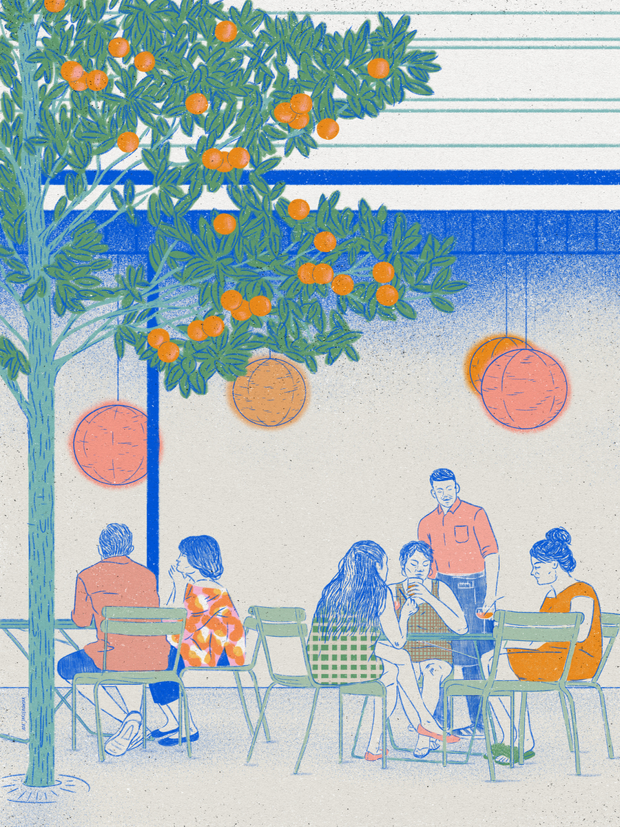 Illustration von Menschen, die unter einem Orangenbaum sitzen, in Blau und Orange gekleidet.