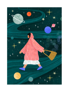 Illustration einer Person im gestreiften Mantel, die durch den Weltraum mit Planeten und Sternen spaziert.