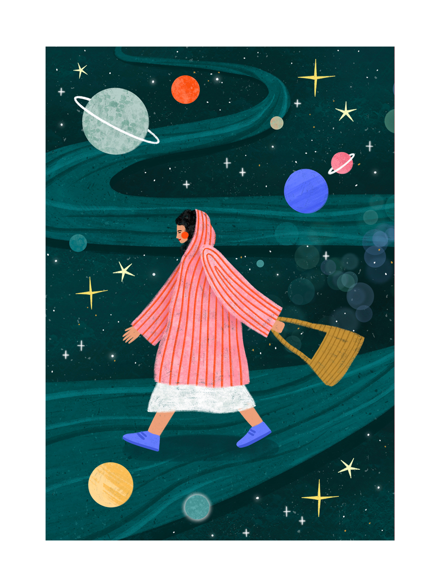 Illustration einer Person im gestreiften Mantel, die durch den Weltraum mit Planeten und Sternen spaziert.