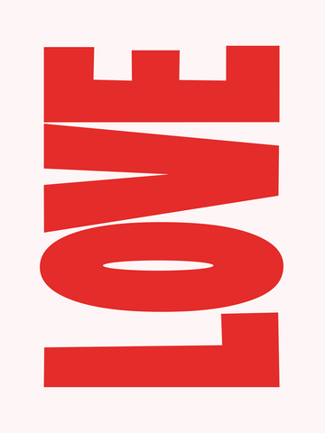 Umgekehrte rote Love-Typografie auf neutralem Hintergrund.