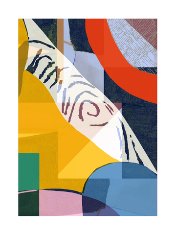 Abstrakte Komposition mit verschiedenen geometrischen Formen und lebhaften Farben.