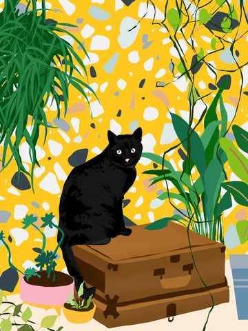 Illustration einer schwarzen Katze, die von Pflanzen umgeben ist, vor einem gelben Hintergrund mit abstraktem Muster.