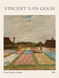 Gemälde von Vincent van Gogh mit Blumenbeeten in Holland und einem Arbeiter in der Landschaft.