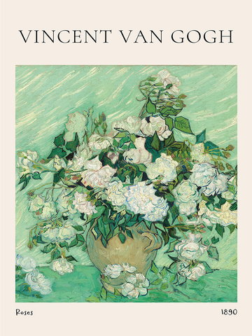 Gemälde von weißen Rosen in einem Topf vor einem grünen Hintergrund, von Vincent van Gogh.