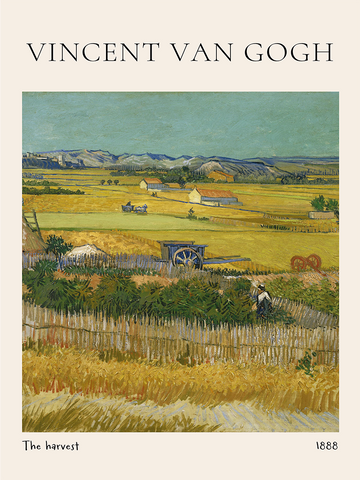 Landschaftsposter mit einem goldenen Feld und blauem Himmel, Titel "The Harvest" unten links.