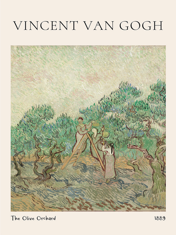 Van Goghs Gemälde „The Olive Orchard“ mit beigem Hintergrund und Titel.