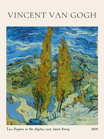 Gemälde von Vincent van Gogh mit zwei Pappeln und blauem Himmel in einer Landschaft.
