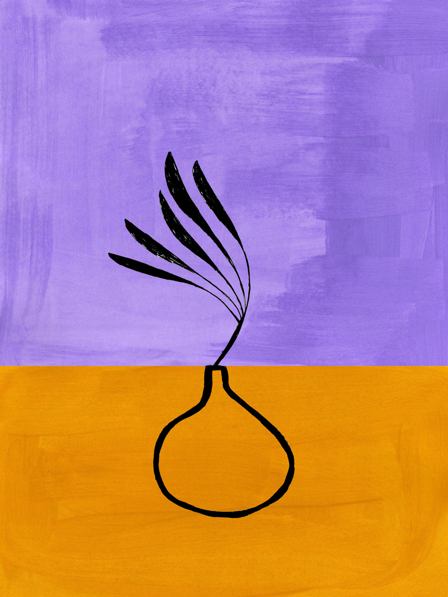 Poster mit schwarzer Vase und schwarzen Blättern vor lila Hintergrund.