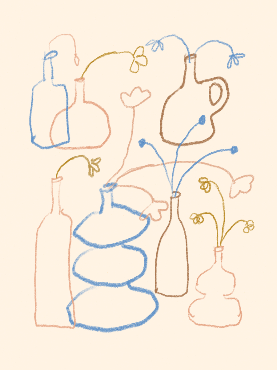 Illustration von mehreren Vasen in verschiedenen Formen und Farben auf beigem Hintergrund.