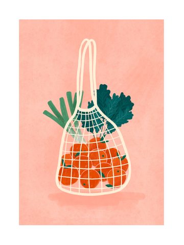 Illustration eines weißen Netzbeutels voller Gemüse auf einem rosa Hintergrund.