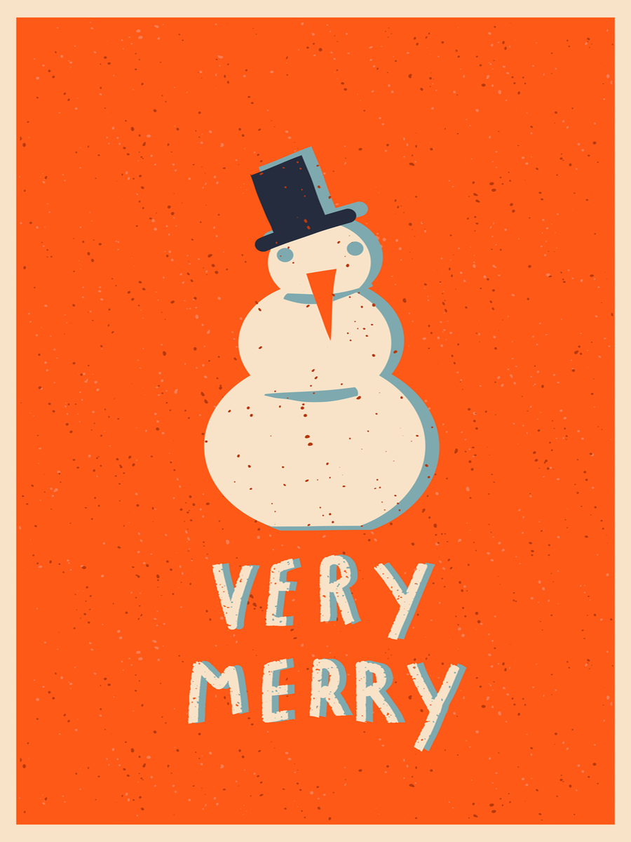 Illustration eines Schneemanns mit Zylinderhut und dem Text "Very Merry" auf orangefarbenem Hintergrund.