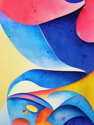 Abstrakte Komposition in Blau mit roten, gelben und orangefarbenen Akzenten.