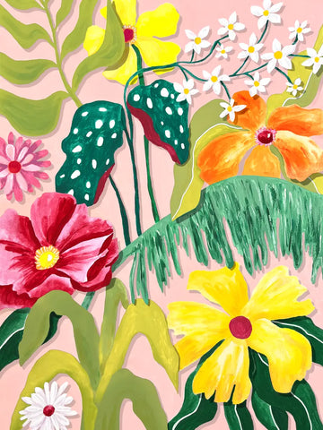 Ein farbenfrohes expressionistisches Gemälde von verschiedenen tropischen Blumen und Blättern auf rosa Grund.