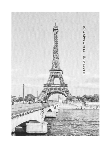 Schwarz-Weiß-Fotografie des Eiffelturms und der Pont d'Iéna mit dem Text "Bonjour Paris".
