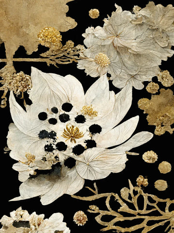 Poster von weißen Blumen mit dunklem Hintergrund im Vintage-Stil.