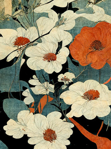Vintage-Blumenmuster mit weißen und orangefarbenen Blüten auf dunklem Hintergrund.