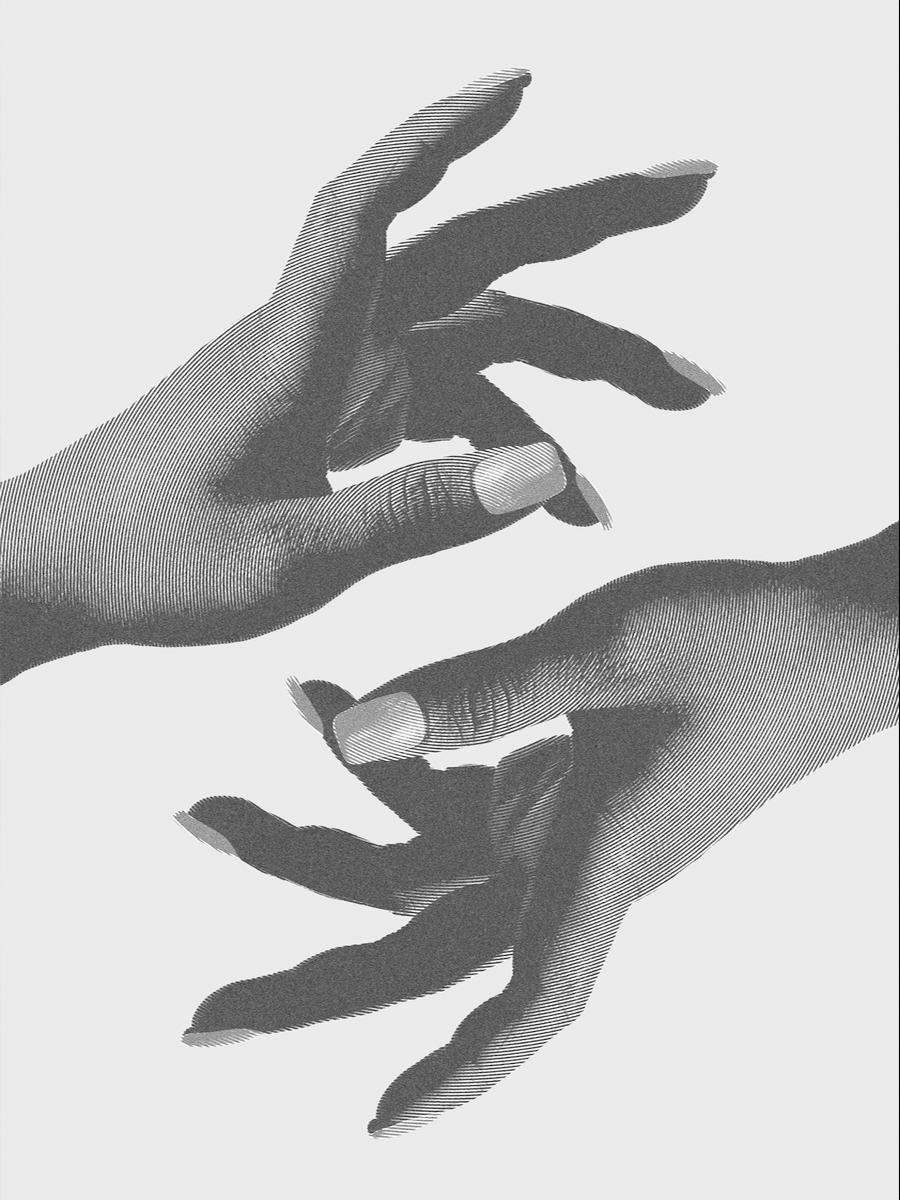 Illustration von zwei Händen, die sich vor grauem Hintergrund berühren.