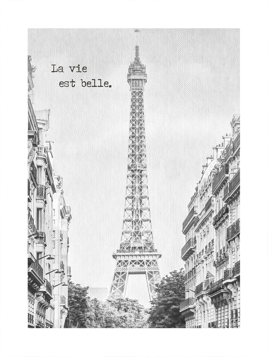 Schwarz-weiß-Zeichnung des Eiffelturms mit dem Text "La vie est belle" daneben.
